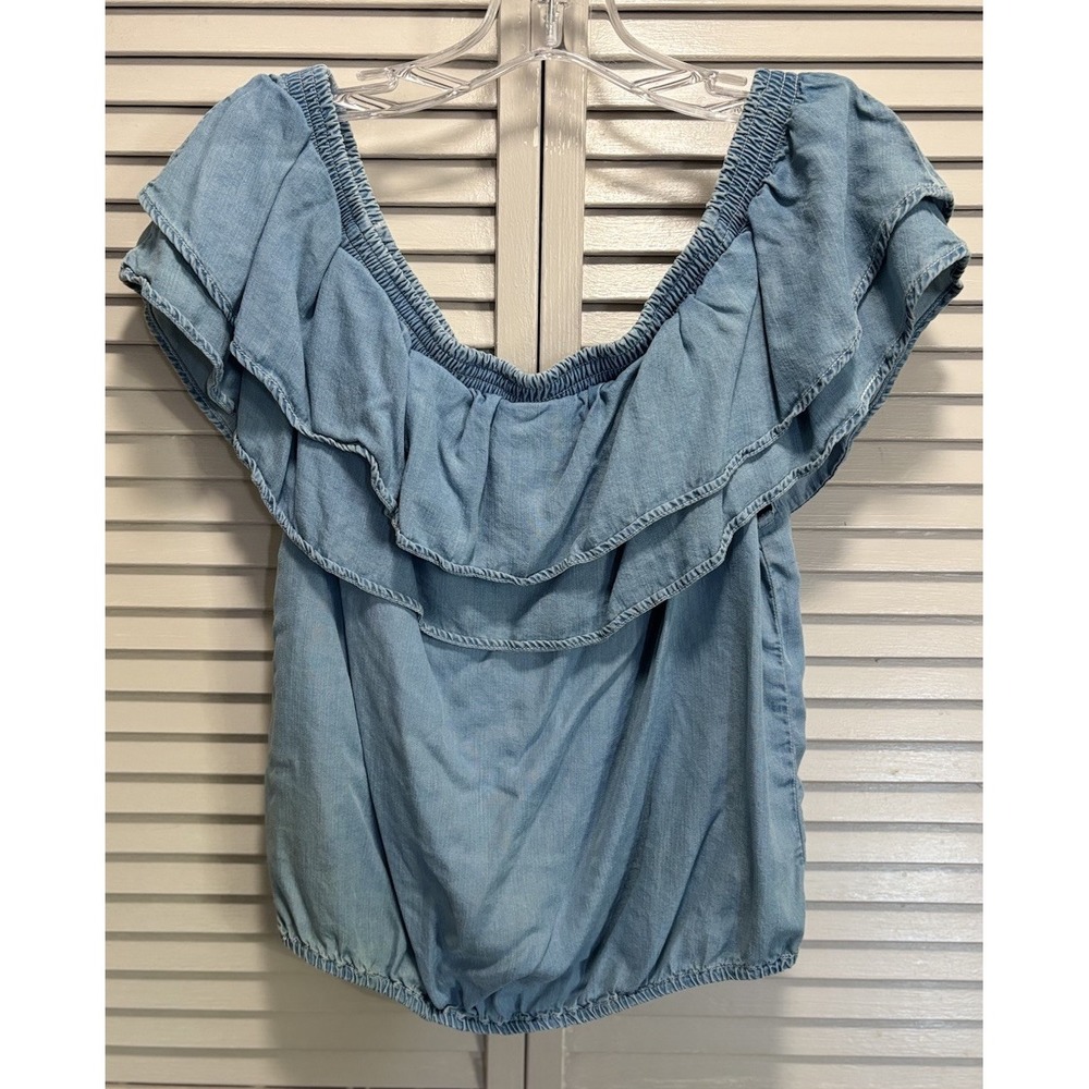 ID:23 Soft Denim Elastic Hem Ruffle Sleeveless Crop Shirt Size Large